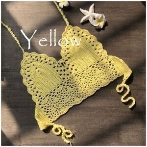 Yellow Crochet Triangle Halter Bikini Top